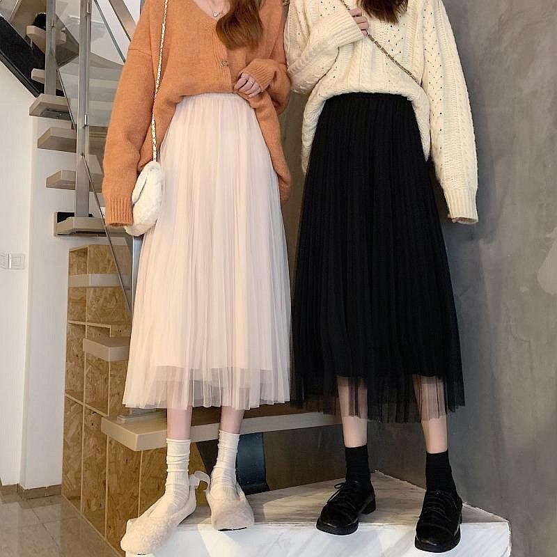 Sense gauze skirt women's skirt spring and summer 2024 new mid-length small fairy mesh a-line pleated skirt