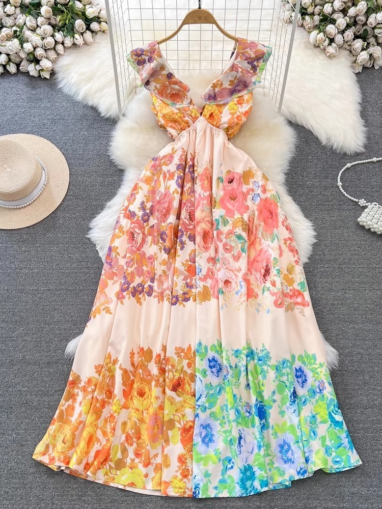Fashionable Socialite Elegant Flying Sleeve V-Neck Tight Waist Slimming Mid-Length A- Line Printed dress Seaside Holiday Dress