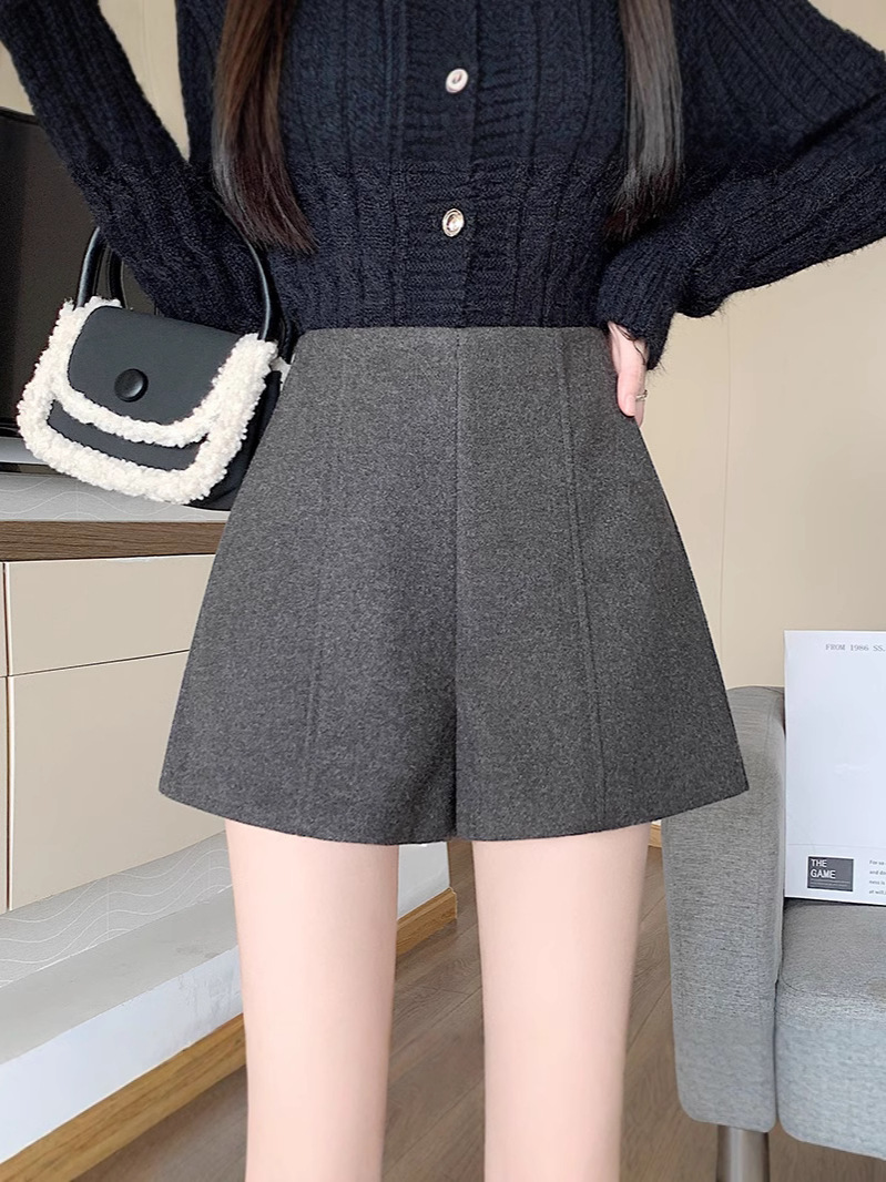 Boots Pants Grey Woolen Shorts Women's Autumn and Winter 2024 New High Waist Outer Wear Slimming Base Casual A- line Wide Legs