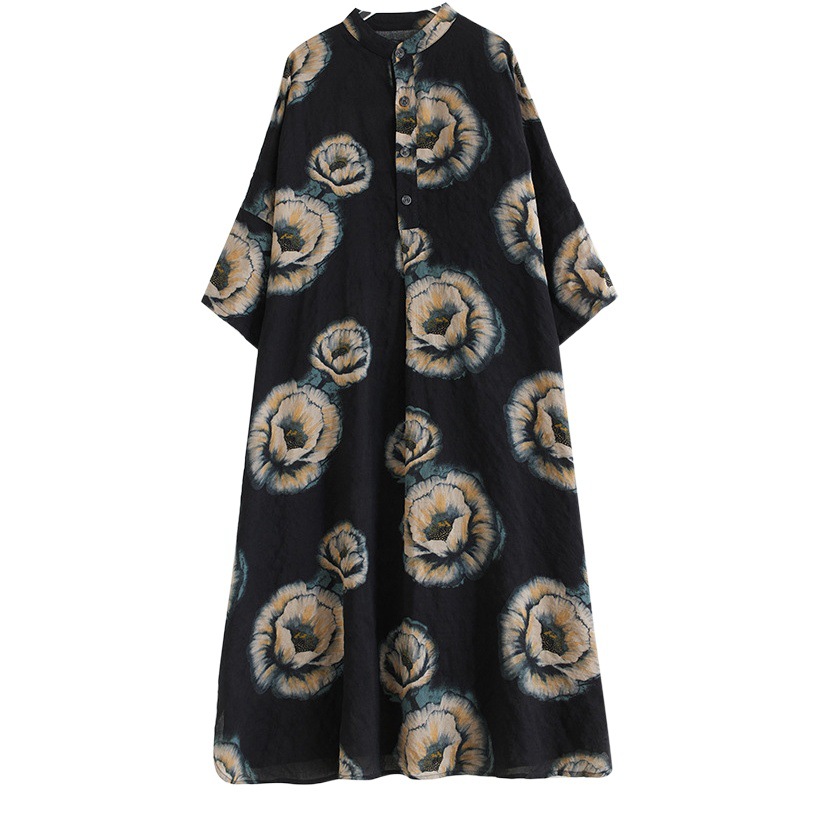 2024 Summer New Elegant Artistic Retro Cotton and Linen Printed Collar Loose Super Long Plus Size Holiday Dress