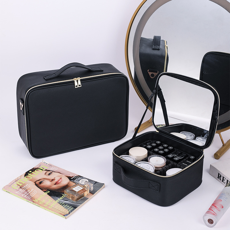 Picture of New makeup bag tall with mirror large capacity portable beauty cosmetics partition storage box black