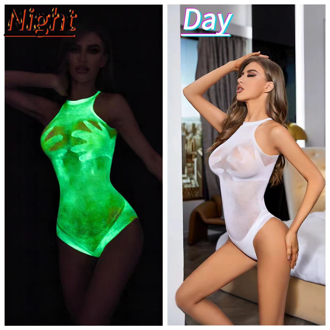 Luminous Sexy Perspective Pajamas Backless Neck Tight Green Fishnet Silk Stockings suit Hollow Out Sex Pure Sexy Clothes