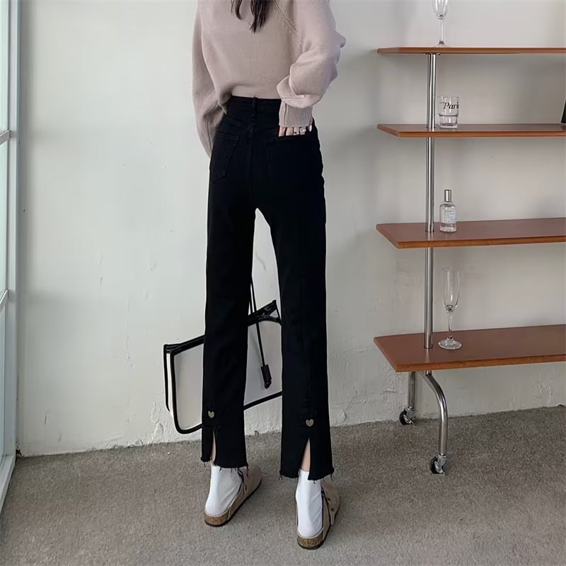 Split Jeans Women's Straight Leg Pants Pear-Shaped Figure Design Leg-Shaped Straight Black Smoke Tube Pants Small Cropped Pants