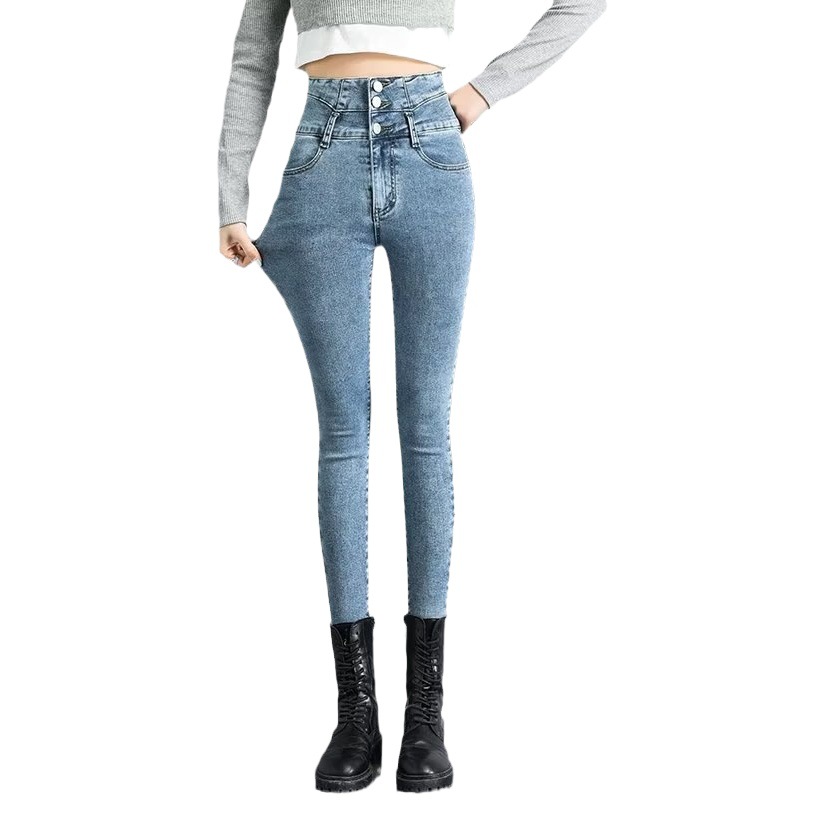 Fleece-Lined Pants Children's Winter Outfit 2023 Ultra-High Waist Thickened Jeans All-Match Foot Pants
