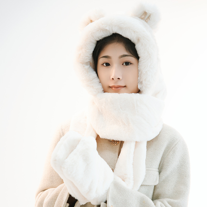Picture of New Bear Hat Winter Hat Cute Warm Thickened Scarf Integrated Ear Protection Hat Three-Piece Set Cycling Cold Protection Hat