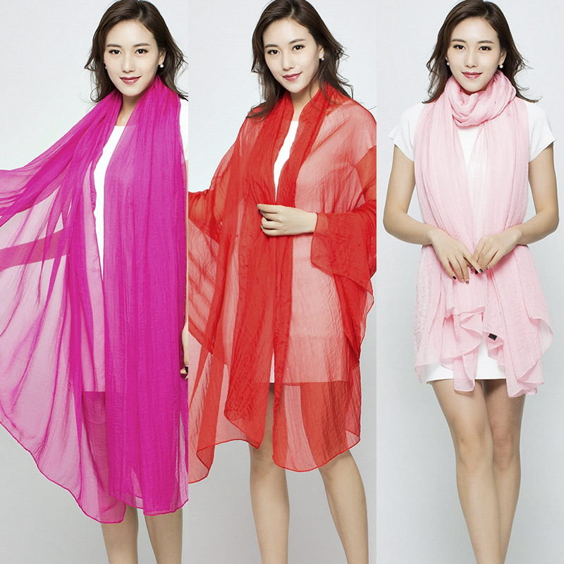 Summer Solid Color Imitation Silk Oversized Silk Scarf Seaside Beach Towel Long Spring and Summer Women's Chiffon Scarf Pleated Shawl