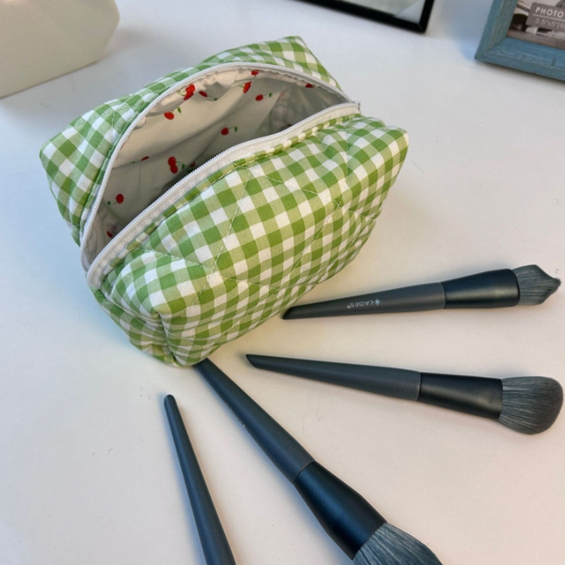 Picture of Sweet Cherry Printed Cosmetic Bag Plaid Fabric Macaron Color Makeup Bag Girl's Toiletries Storage Bag