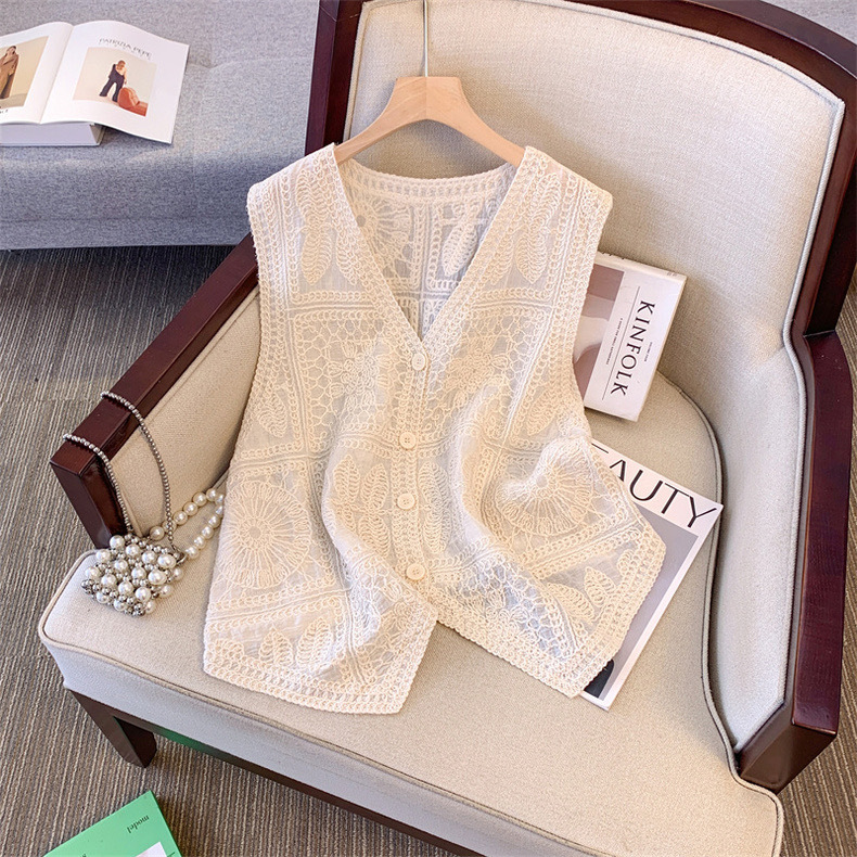 Picture of Strength recommend Solid Color Design Sense Sleeveless Cardigan Vest Women's Summer New French Hollow All-match Top 2025
