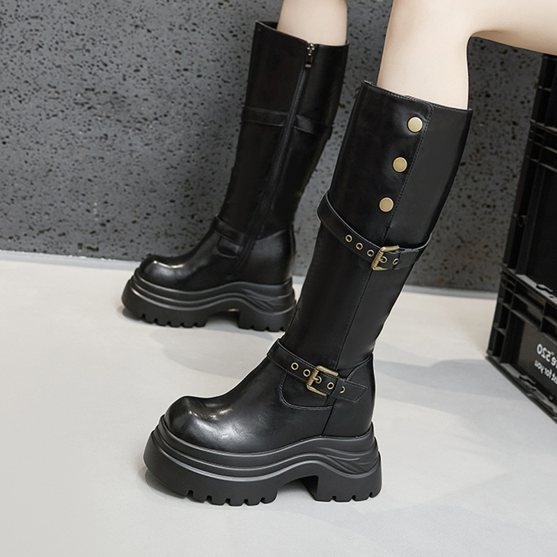 Thick-soled fleece-lined boots women's knee-length boots 2024 fall/winter new interior height small thick heel knight boots