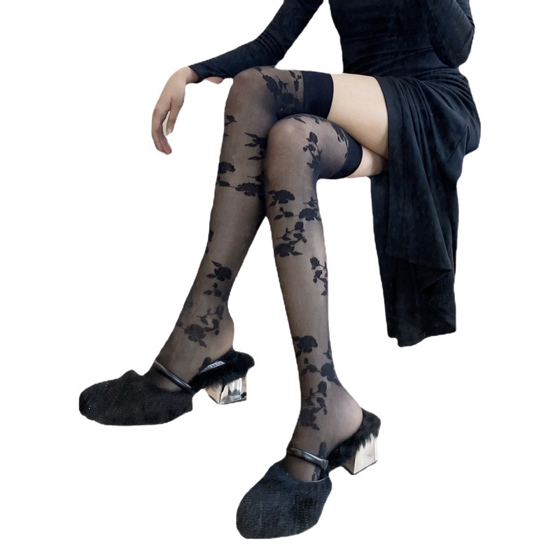 Spring and Summer New Gentle Girl Dark Rose Thigh Socks Milk White French Retro Style Flower Stockings Over-the-Knee Socks