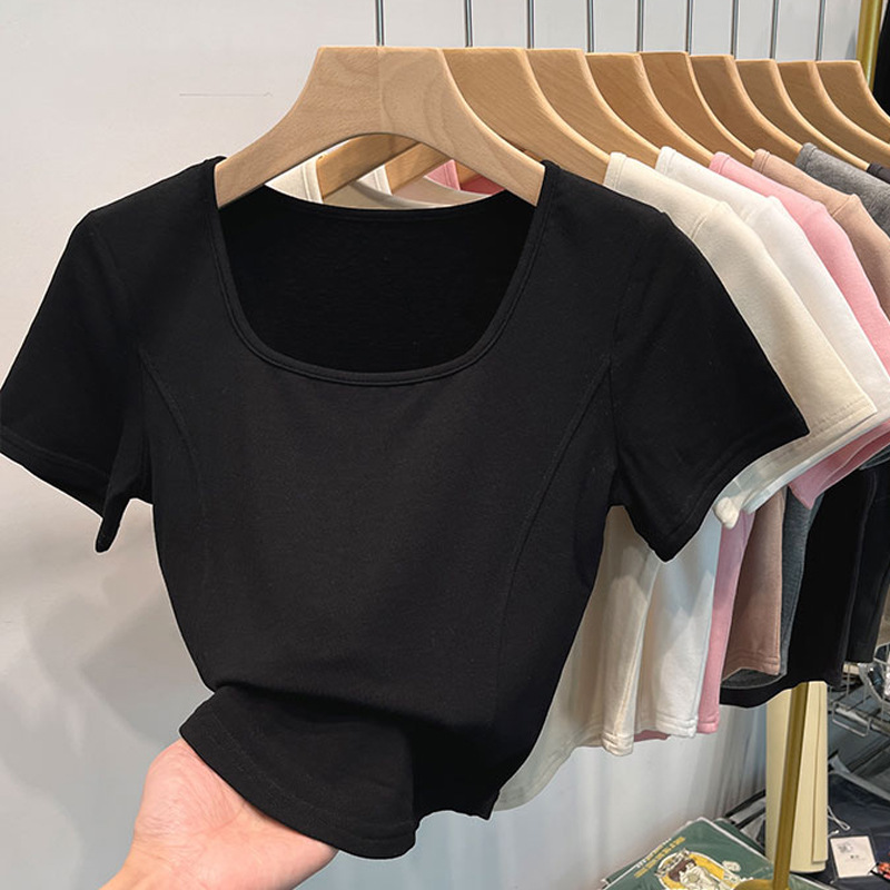 Picture of Square Collar Shoulder White Short-sleeved T-shirt Women's Summer Curved Hem Large Neck Slim-fit Slimming Short Fishbone Top