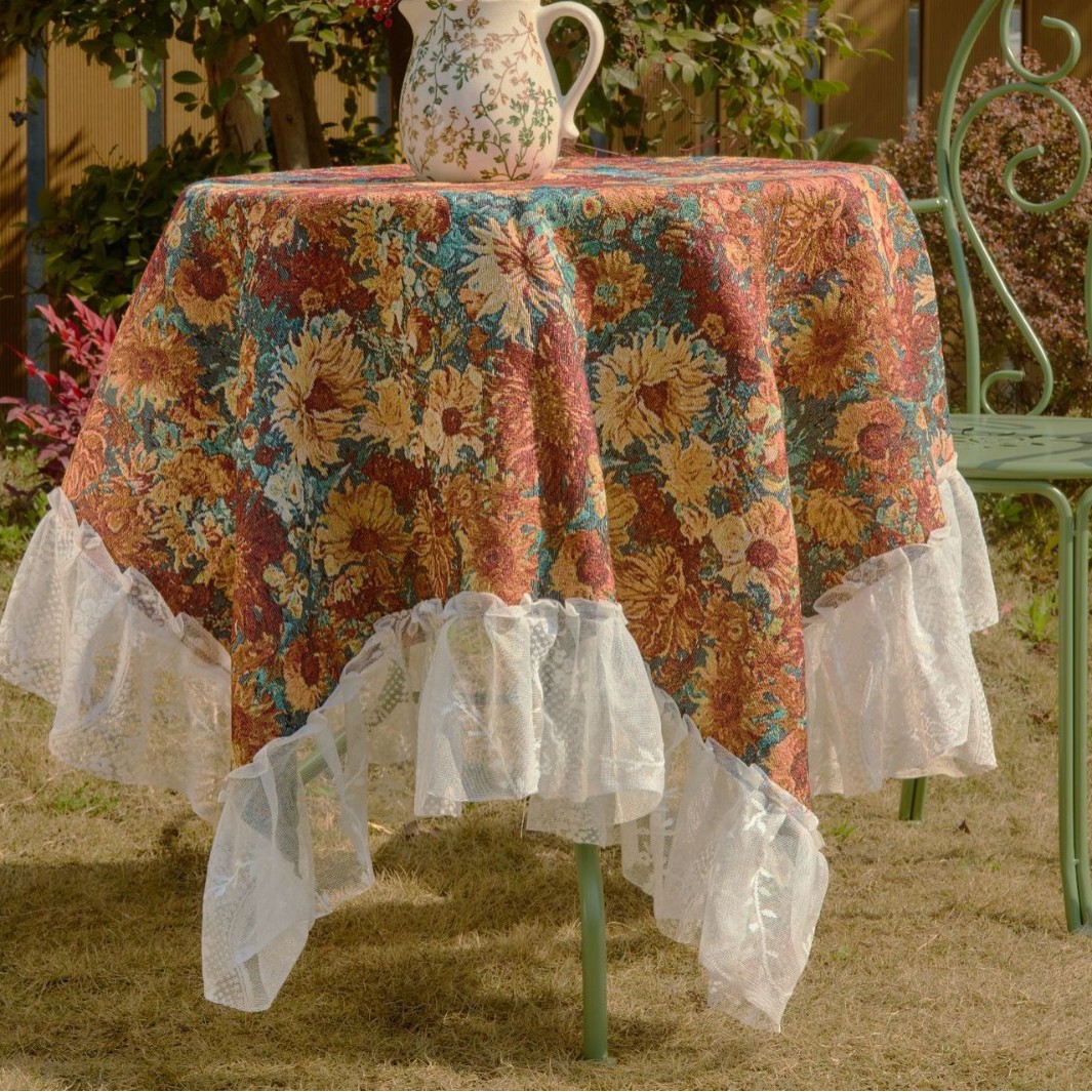 Yiman Qiyun Tablecloth Jacquard Orange Monet Oil Painting Plant Outdoor Tablecloth Lace Ruffled Multi-use Cover Towel