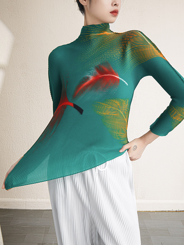 Picture of Miyake's New Half Turtleneck Stretch Slim Printed Bottoming Shirt Top 2025 Autum Pleated Long-Sleeved T-Shirt for Women