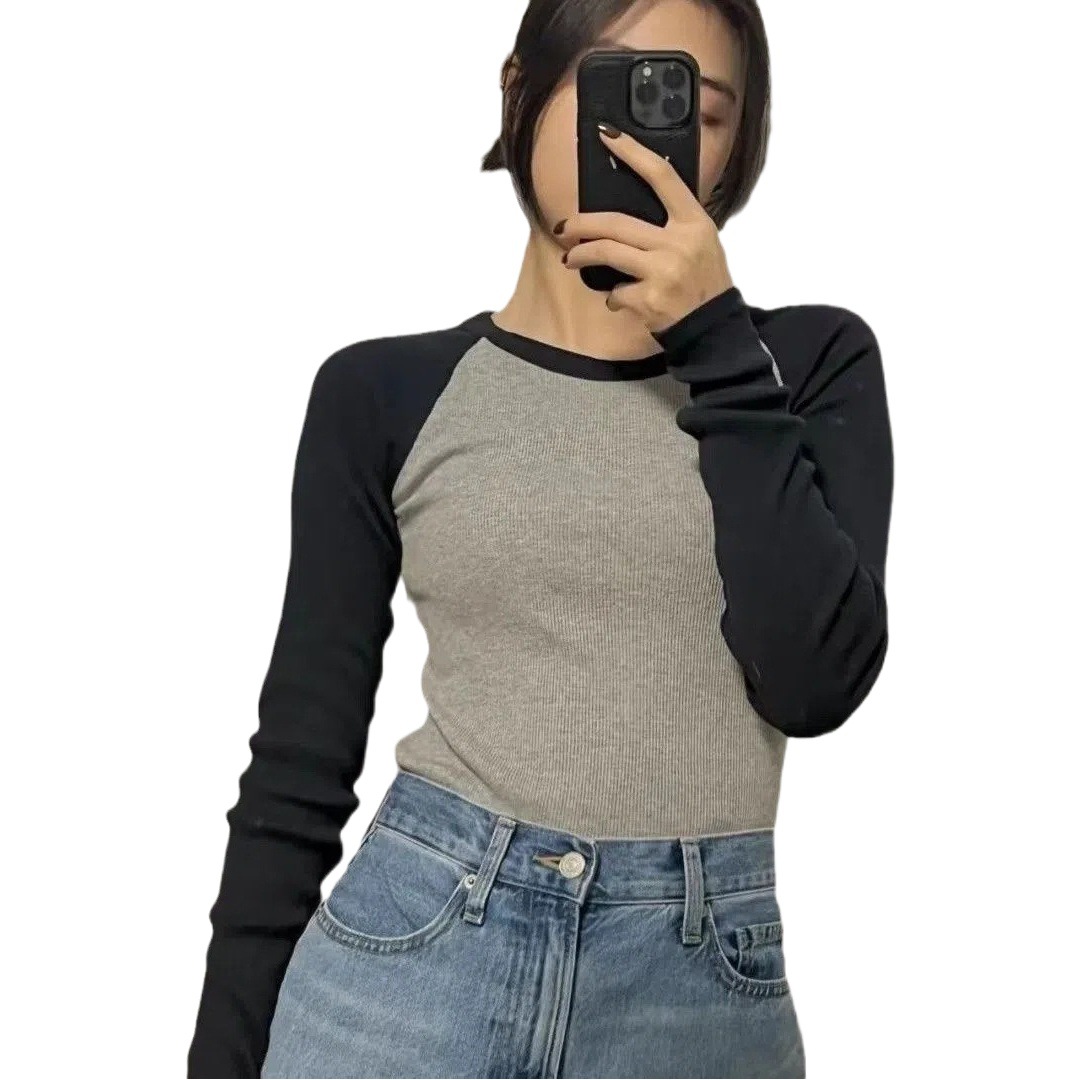 Contrast Color Shoulder Long Sleeve T-Shirt Women's Early Autumn 2024 New Slim Fit Slimming Inner Base Shirt Short Top ins