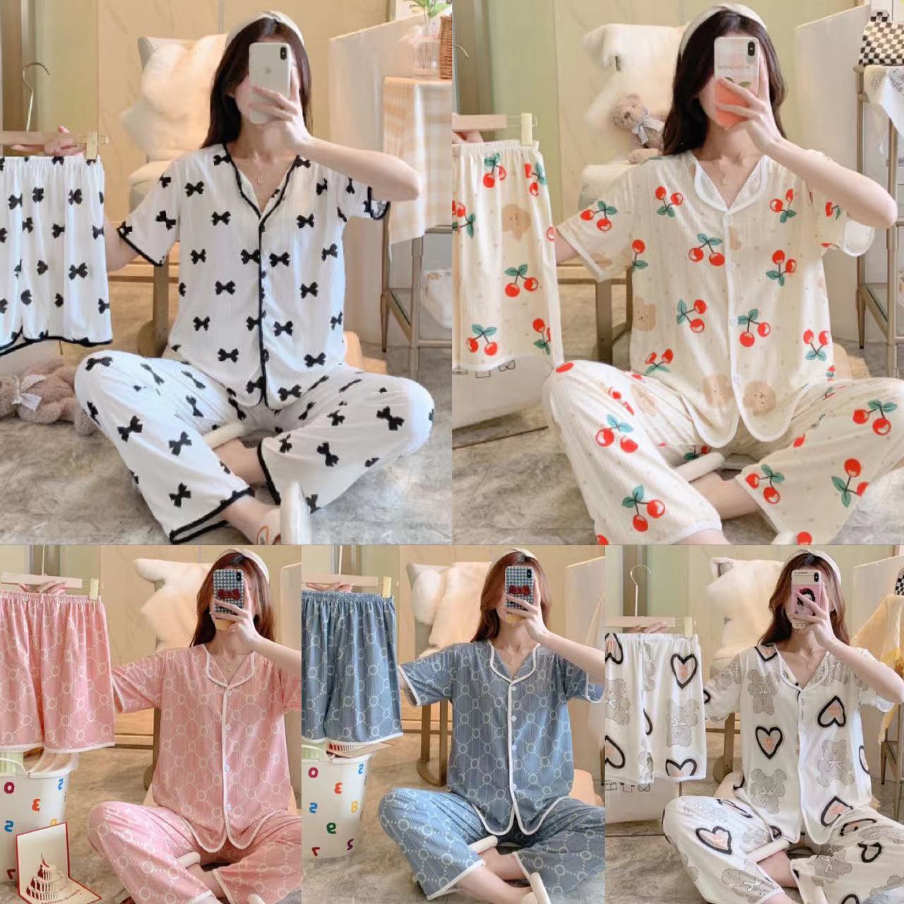 Pajamas Women's Summer Short-sleeved Pants Three-piece Set Cartoon Bear Pull Edge Loose Pit Milk Silk Foreign Trade Live Broadcast Set