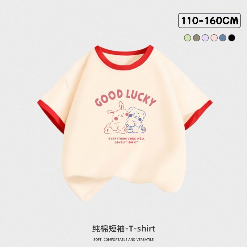 Children's Short-sleeved T-shirt Summer New Western Style Contrast Color Girl's Top Summer Loose Half-sleeved Pure Cotton T-shirt Children's Wear
