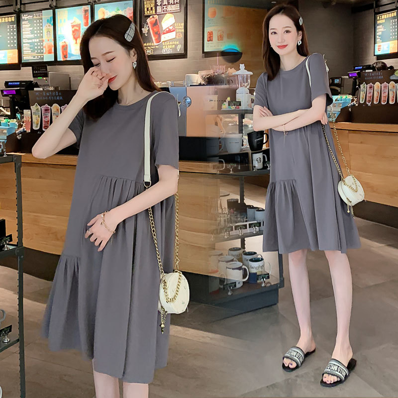 Pregnant Women's Summer Dress Korean Irregular Solid Color Short Sleeve Pregnant Women's Dress Loose Casual Slimming Pregnant Women's Dress for Summer