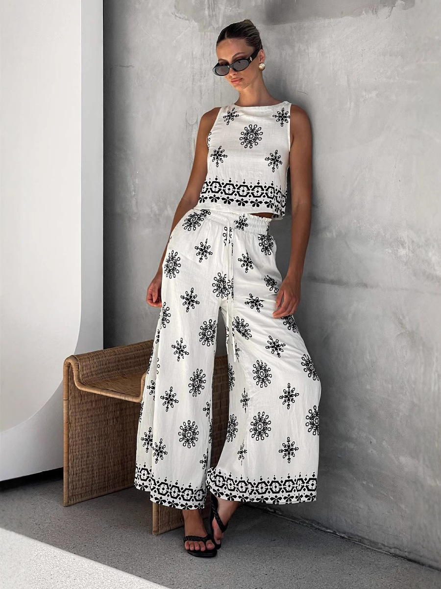 2025 Amazon Europe and America Cross-border Foreign Trade Fashion Women's Casual Printed Sleeveless Top Wide Leg Pants suit Women