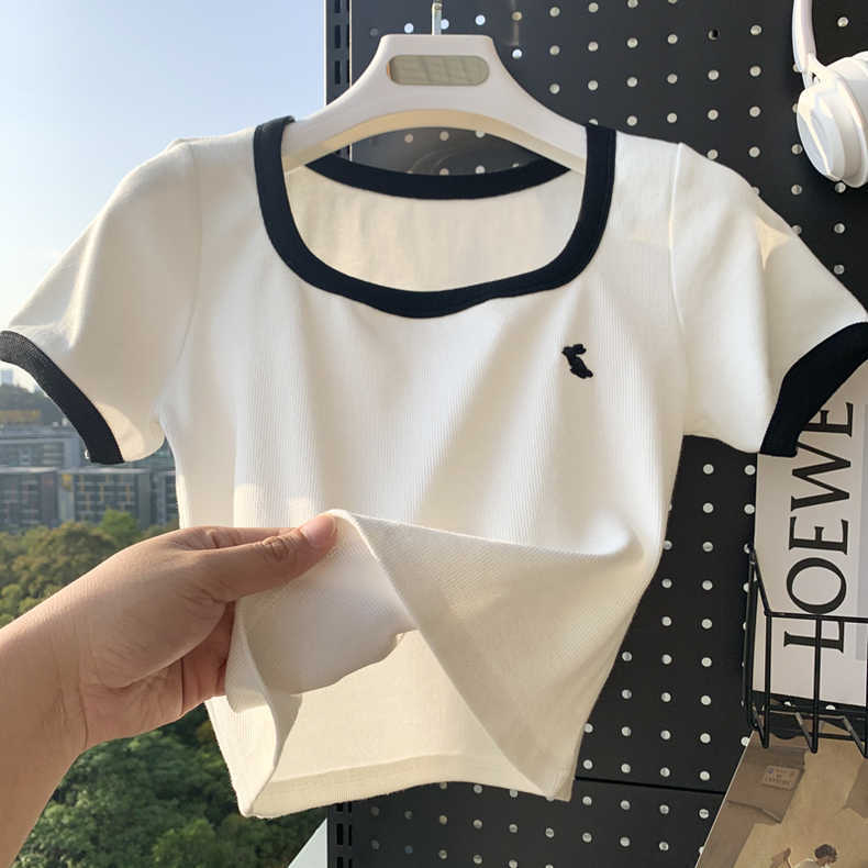 White Shoulder T-Shirt Women's Contrast Color Square Collar Collarbone Summer Design Sense Embroidered Slim-fit Slimming Short Top Trendy