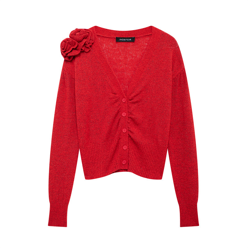 Women's V-neck single-breasted flower-shaped decorative knitted jacket for autumn/winter 2024 casual red long-sleeved sweater
