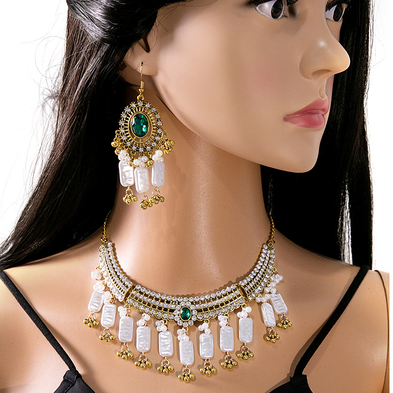 European and American cross-border luxury rhinestone jewelry suit exotic ethnic style tassel necklace retro temperament earrings