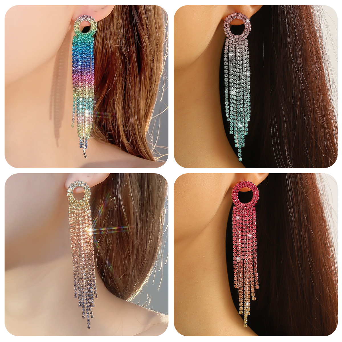 European and American Temperament Long Tassel Rhinestone Earrings Women's Wedding Performance Stage Multicolor Gradient Slimming Earrings Earrings