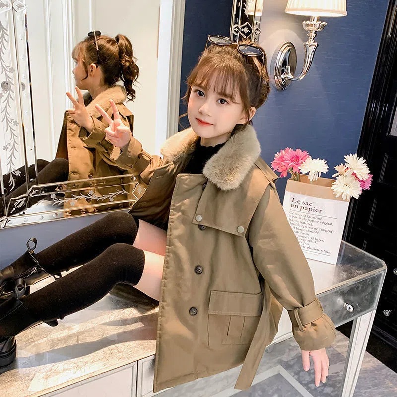 Girls' autumn and winter coat 2022 new Korean style cotton-padded coat mid-length big children's western style fleece-lined thickened parka cotton-padded coat