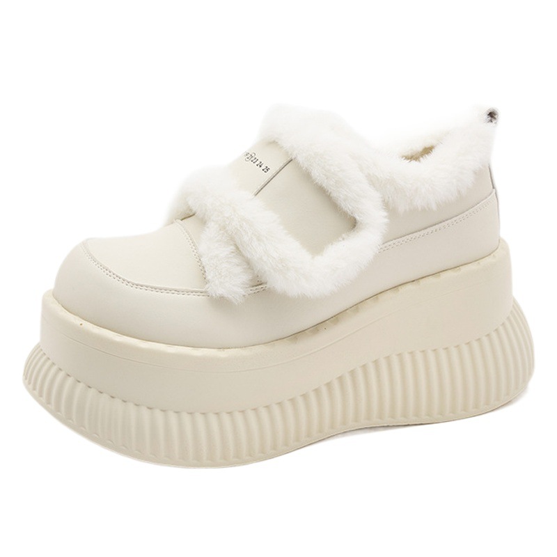 Thick-Soled Loafers for Women 2025 Autumn and Winter New White Versatile Inner Height-Increasing Women's Shoes Fleece-Lined Warm Furry Shoes for Outer Wear