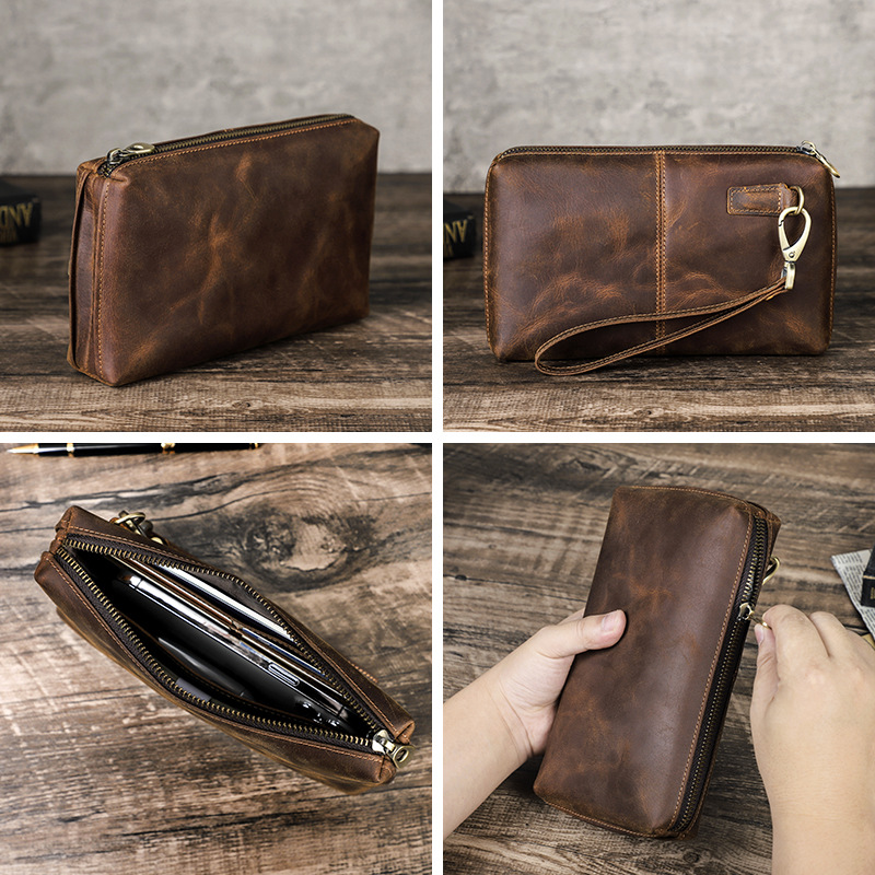 Vintage Brown Crazy Horse Leather Large Screen Mobile Phone Bag Portable Zipper Large Capacity Mobile Phone Accessories Portable Storage Bag