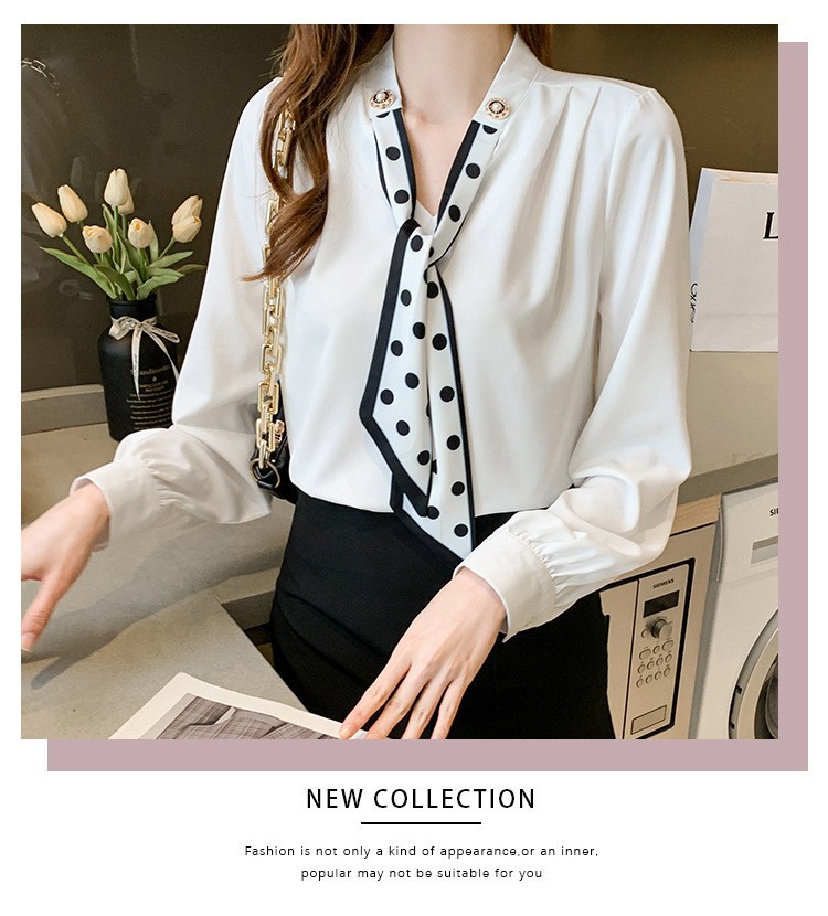 Picture of Light Mature Style Ribbon Shirt 2025 Autum New Korean Style Versatile Splicing Lace-Up Bow Long-Sleeved Shirt for Women