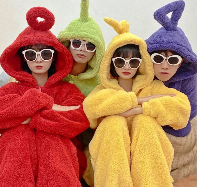 Autumn and Winter Cute Teletubbies Lala Cartoon Animation One-Piece Pajamas Shu Cotton Velvet Thickened Men and Women Couple Home Clothes