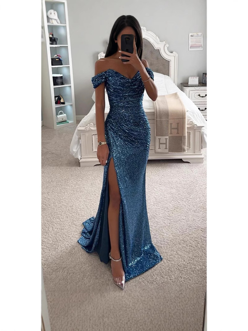 Picture of Cross-border Hot Selling Foreign Trade Women's Clothing Independent Station Polyester Sexy Fine Away Fork Ball Dress Sequin dress New Product