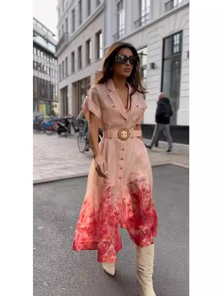 2024 Real Shot Seaside Holiday French Pink Shirt Collar Printed dress