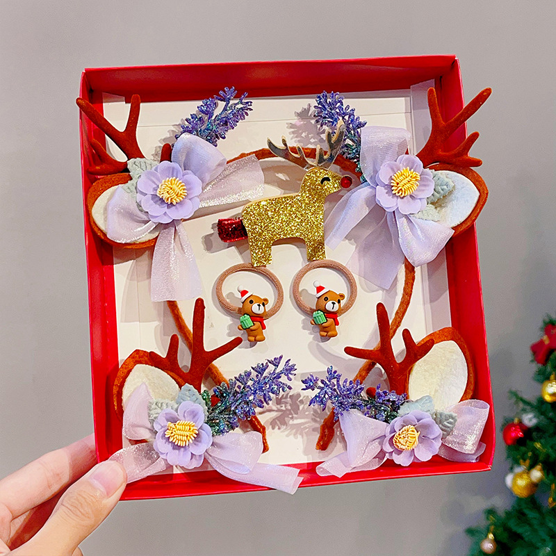 Picture of 2023 new children Girl Christmas headband hairpin suit combination cute antlers Christmas headband hairpin headdress