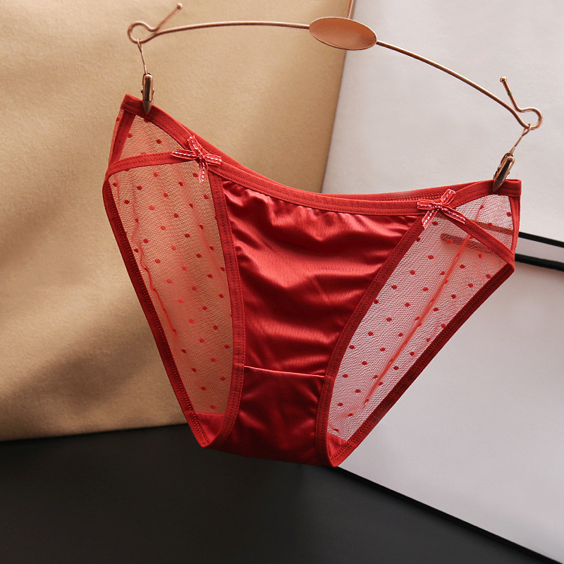 Sexy plus size pure desire low waist underwear women seamless transparent hollow mesh satin silky solid color cotton briefs