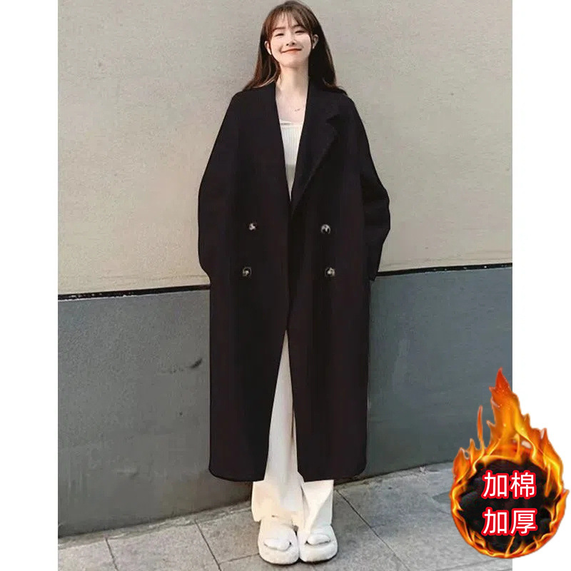 Picture of Mid-length woolen coat for women autumn and winter cotton-padded student straight loose over-the-knee overcoat double-breasted lazy windbreaker thick
