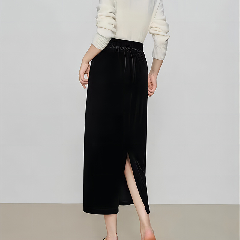 Picture of Velvet Skirt Side Open Back Split Skirt Women's Thickened Autumn and Winter 2024 New Mid-length High Waist Black Straight Skirt
