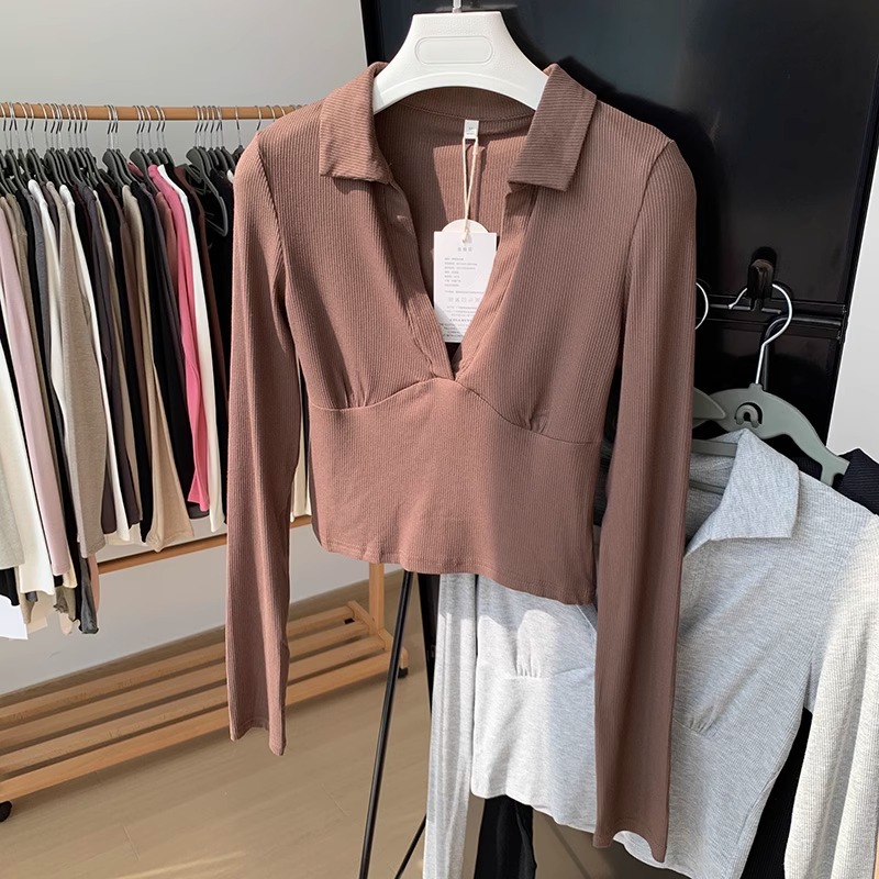 Polo Collar Threaded Base Women's Autumn and Winter T-Shirt Slim-fit Long-sleeved Maillard Wear Short Top with Lapel Shoulder