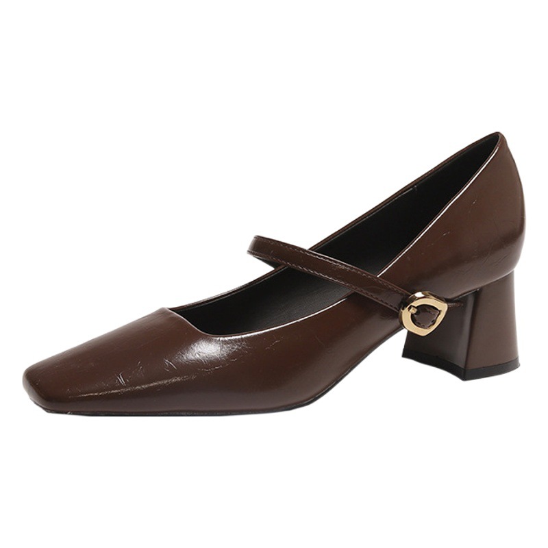 Vintage Mary Jane Small Leather Shoes with Shallow Mouth Single Shoes Women's Square Toe Thick Heel High Heels 2025 New High-end Sense
