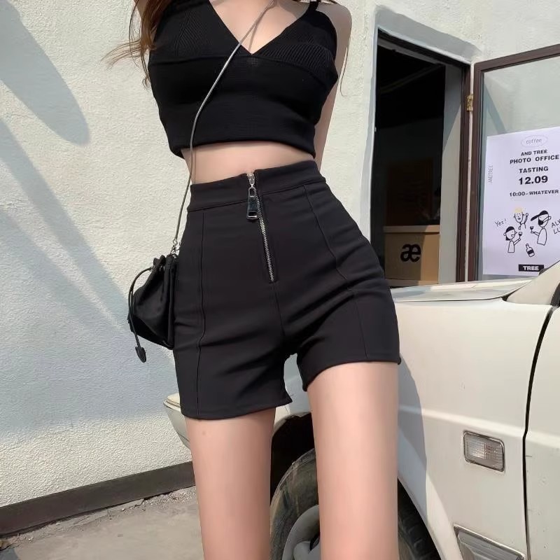 2023 Summer Large Size Fat mm Shorts Women's High Waist Zipper Loose Slim A-Line Wide Leg Pants Black Casual Hot Pants