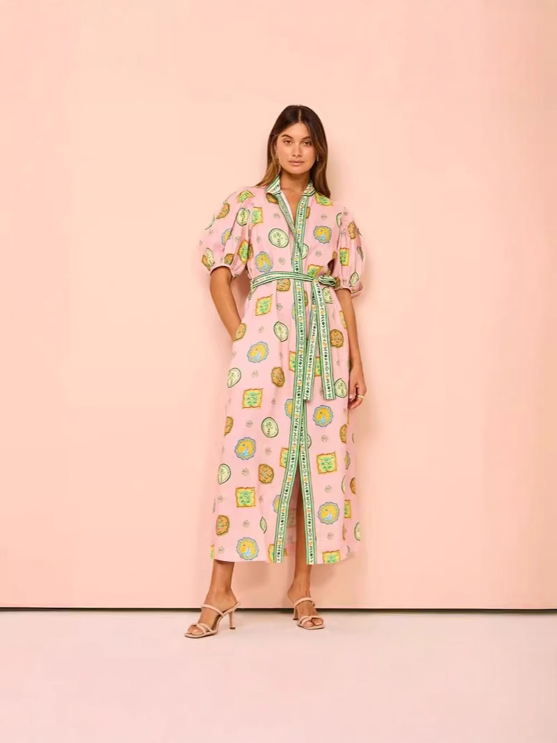 Europe and the United States cross-border 2025 independent station Amazon personality graffiti lantern sleeve cardigan casual fashion printing dress