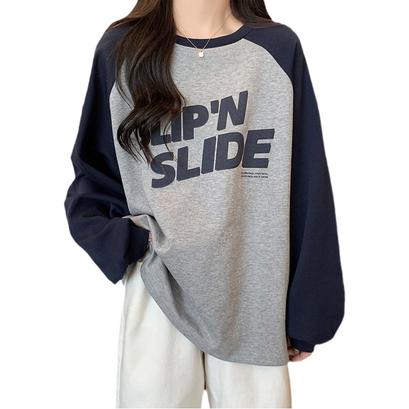 Autumn and Winter thickened brushed contrast color raglan sleeve letter printed T-shirt women's lazy loose large casual round neck sweater