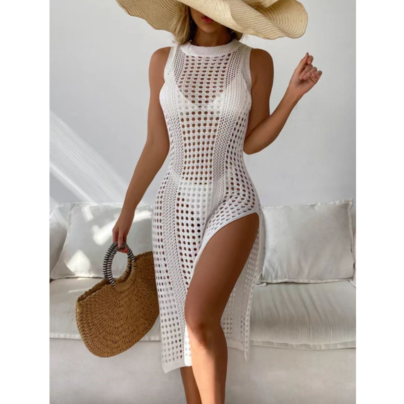 Cross-border Holiday Sexy Solid Color Round Neck Sleeveless Breathable Knitted Long High Split Dress Beach Sunscreen Blouse