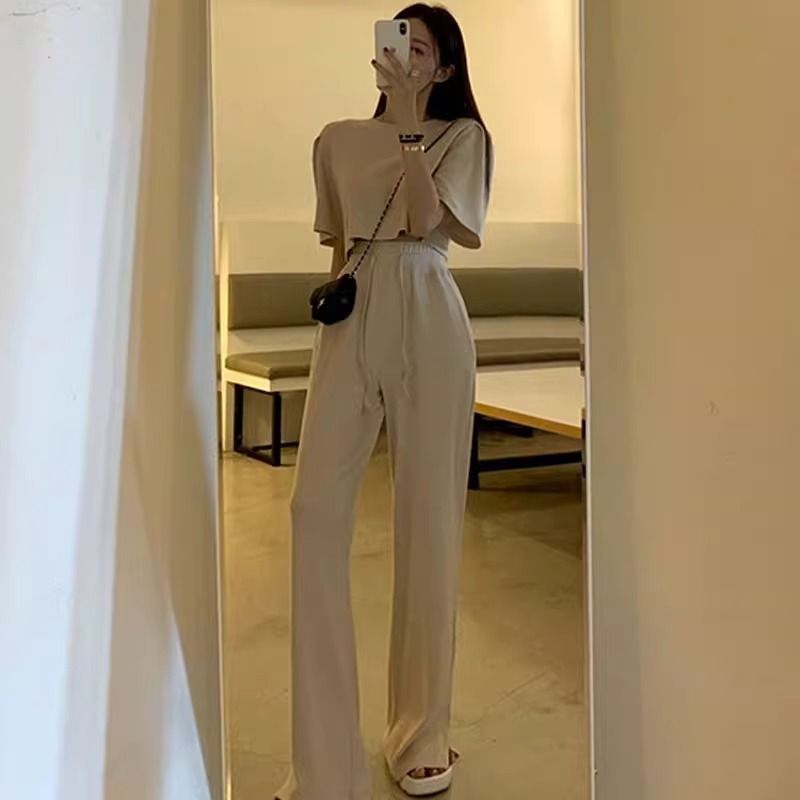 Korean Chic Summer Simple Round Neck Pure Color Pullover Short-Sleeved T-Shirt + High-Waist Lace-Up Slit Wide-Leg Pants for Women