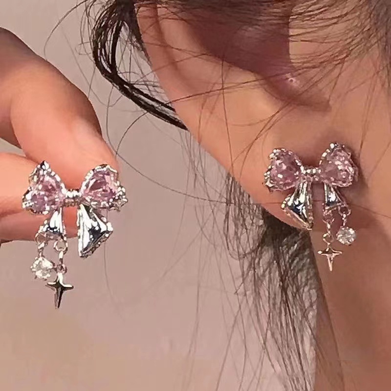 So Pretty~Light Luxury and High-End Pink Bow Earrings, Niche Elegant, Exquisite Design Earrings Trend