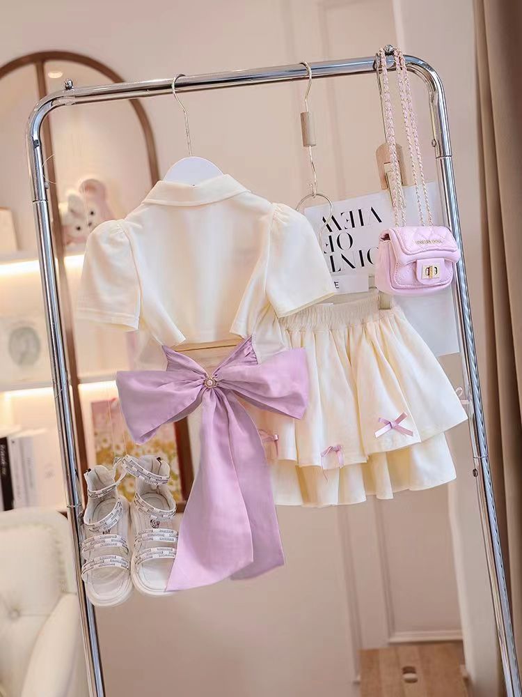 Girls Summer suit 2024 Explosions Korean Children's Trendy Bow T-shirt Girls Summer Princess Dress Two-piece Set