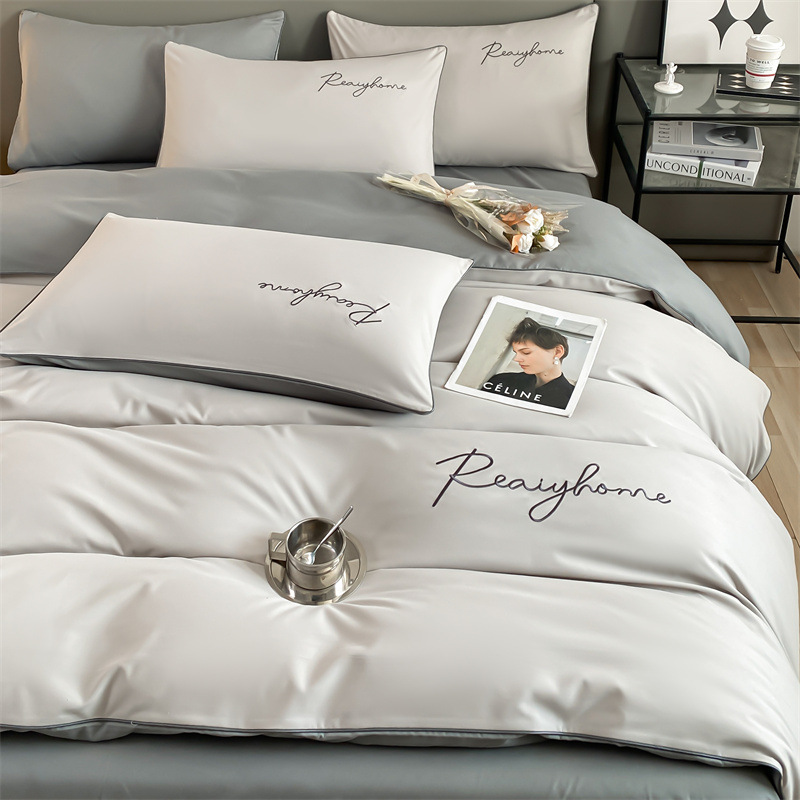 Picture of Solid color double four-piece set of style bed sheets home light luxury quilt cover washed cotton embroidered letter quilt cover three-piece set