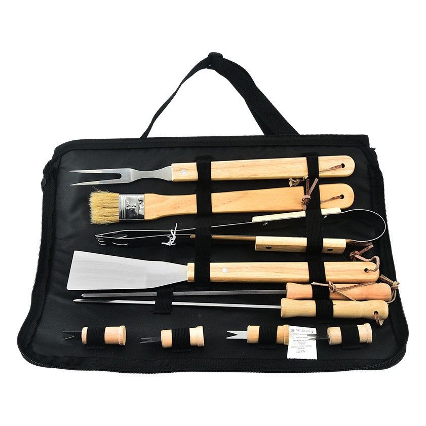 Cross Border BBQ Combination Tools Rubber Wood 10 suit Stainless Steel Baking Tool suit BBQ Barbecue Tool Combination