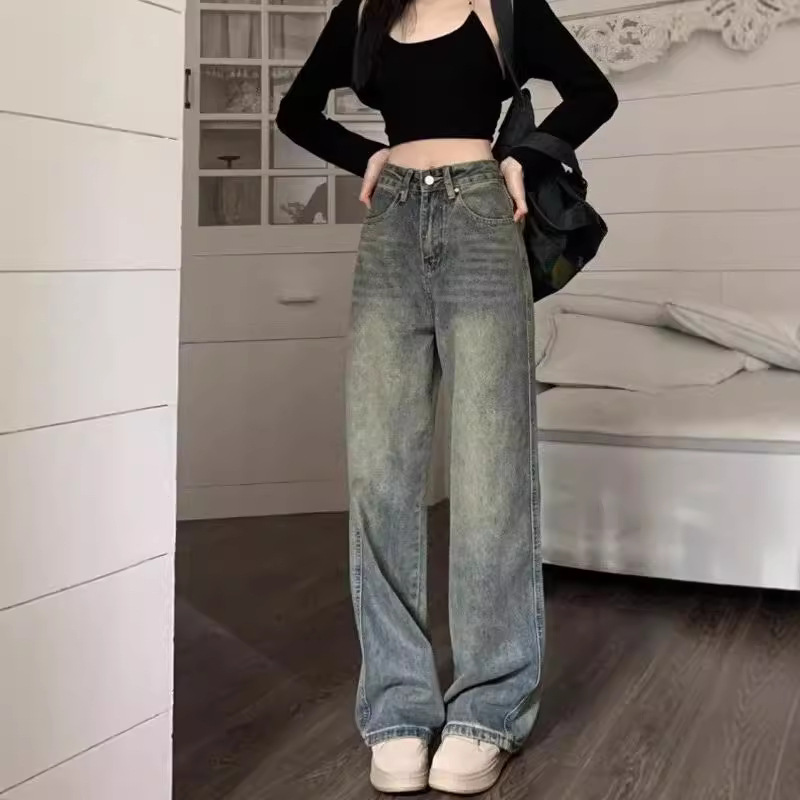 American Retro Denim Trousers Women's Autumn New High Waist Slimming Spice Girl Design Wide Leg Straight Pants
