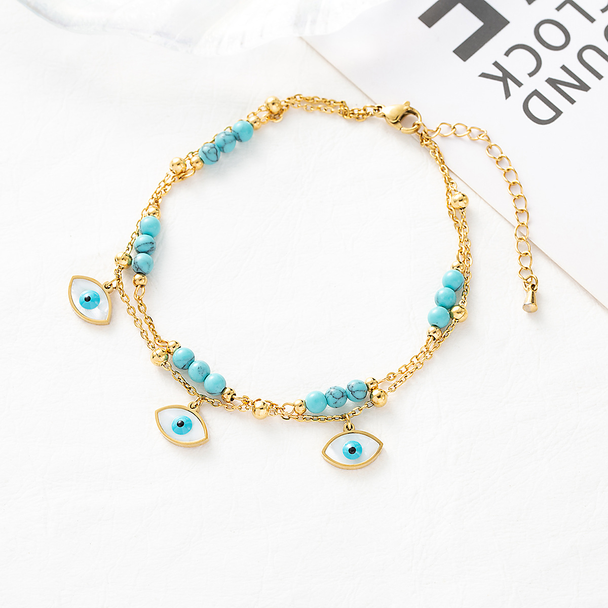 Picture of Europe and the United States cross-border exclusive for all-eye eyes ladies anklets Devil's eyes multi-layer turquoise titanium steel plated 18K gold